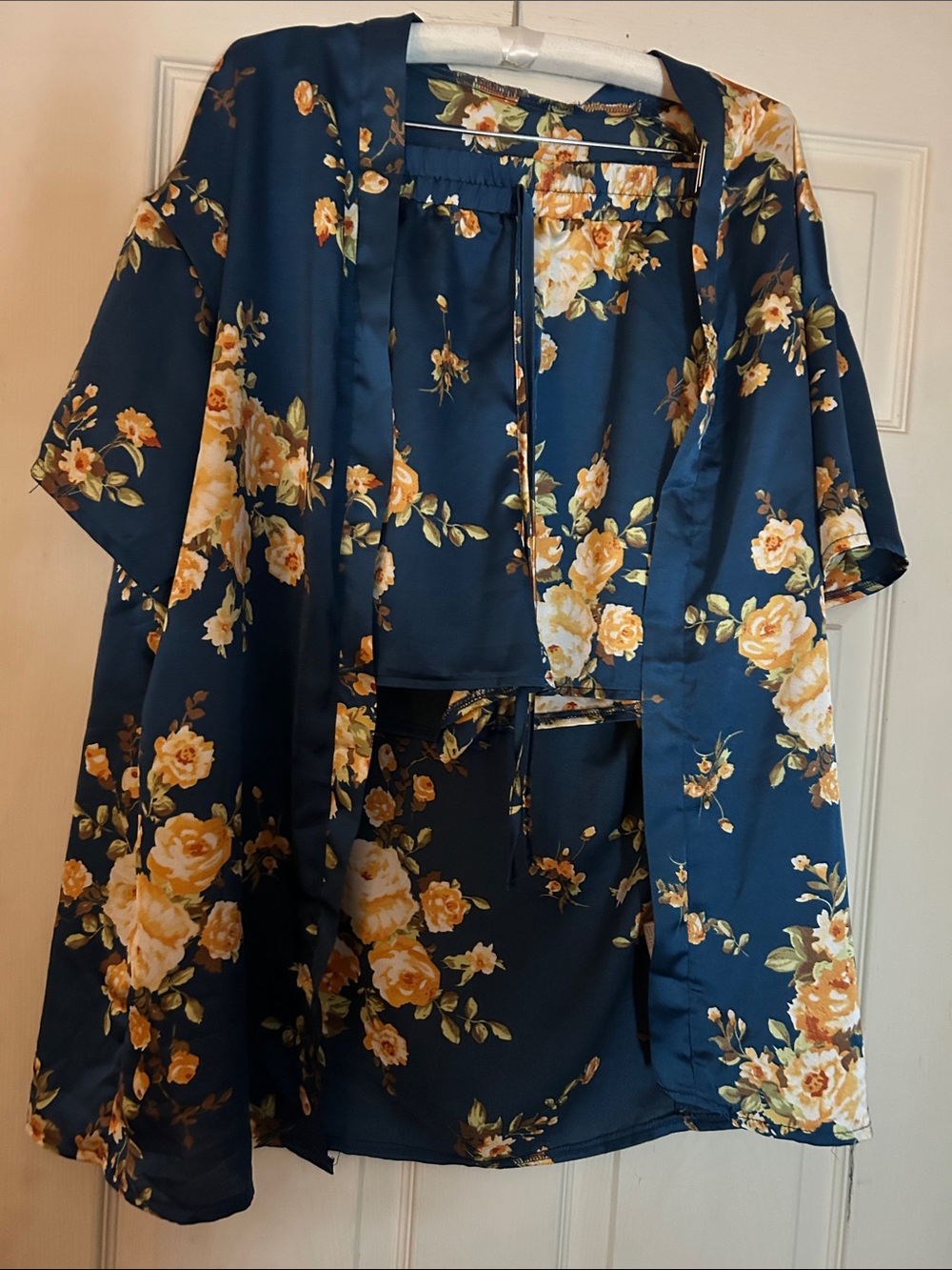 Blue Floral Satin Two-Piece Pajama or Pool Set EUC (kimono & shorts)